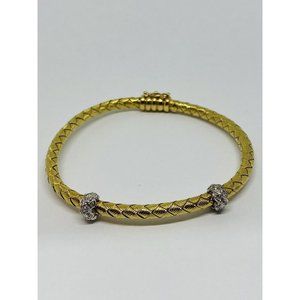 Roberto Coin Diamond Bangle Bracelet Silk Weave 2 Station Solid 18K Gold 7”